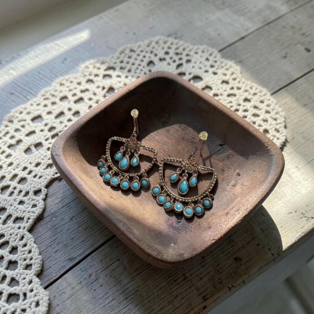 Turquoise Chandelier Earrings, Antique Gold Tone, Boho Western Dangle Earrings